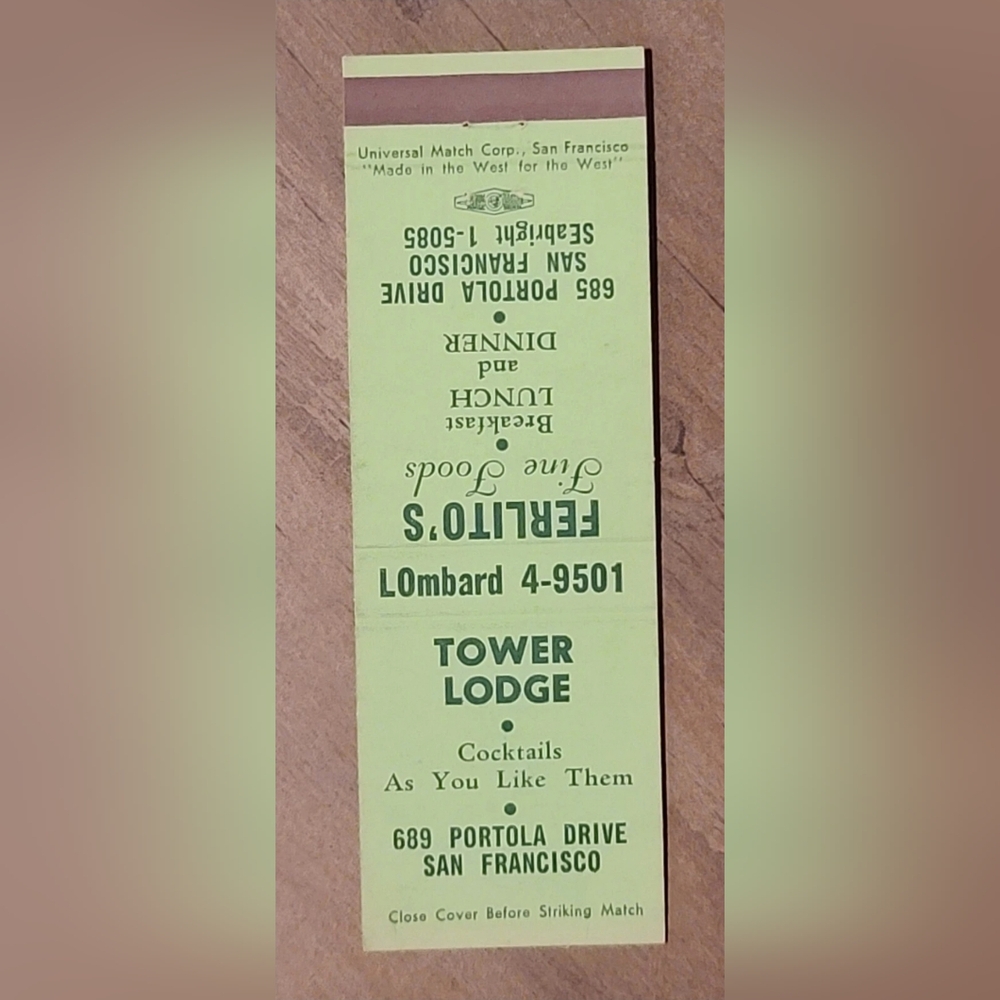 TOWER LODGE FERLITO'S Fine Foods San Francisco Matchbook Cover [ Read Details ]